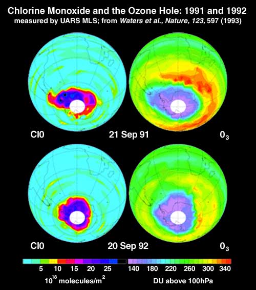 Image of Chlorine Monoxide and the Ozone Hole on Earth: 1991 and 1992