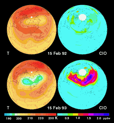 The Comparison Image of ClO and Temperature Measurements in 1992 and 1993Image of the Comparison in 1992 and 1993