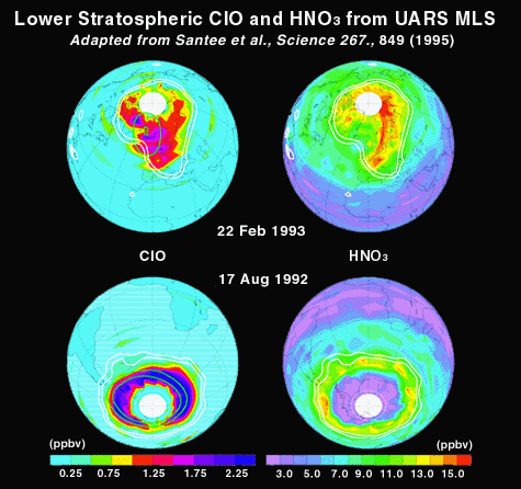 Image of Lower Earth Stratospheric CIO and HNO3 from UARS MLS