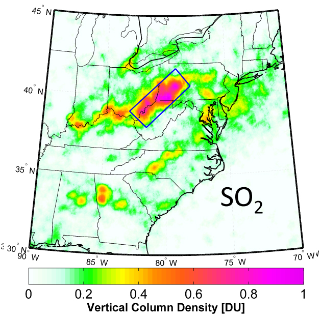 SO2 Ohio River valley and PA  Vertical Column Density