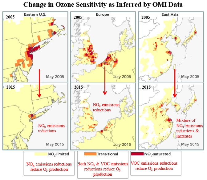 Evaluating a space-based indicator of surface ozone-NOx-VOC sensitivity over mid-latitude source regions and application to decadal trends.