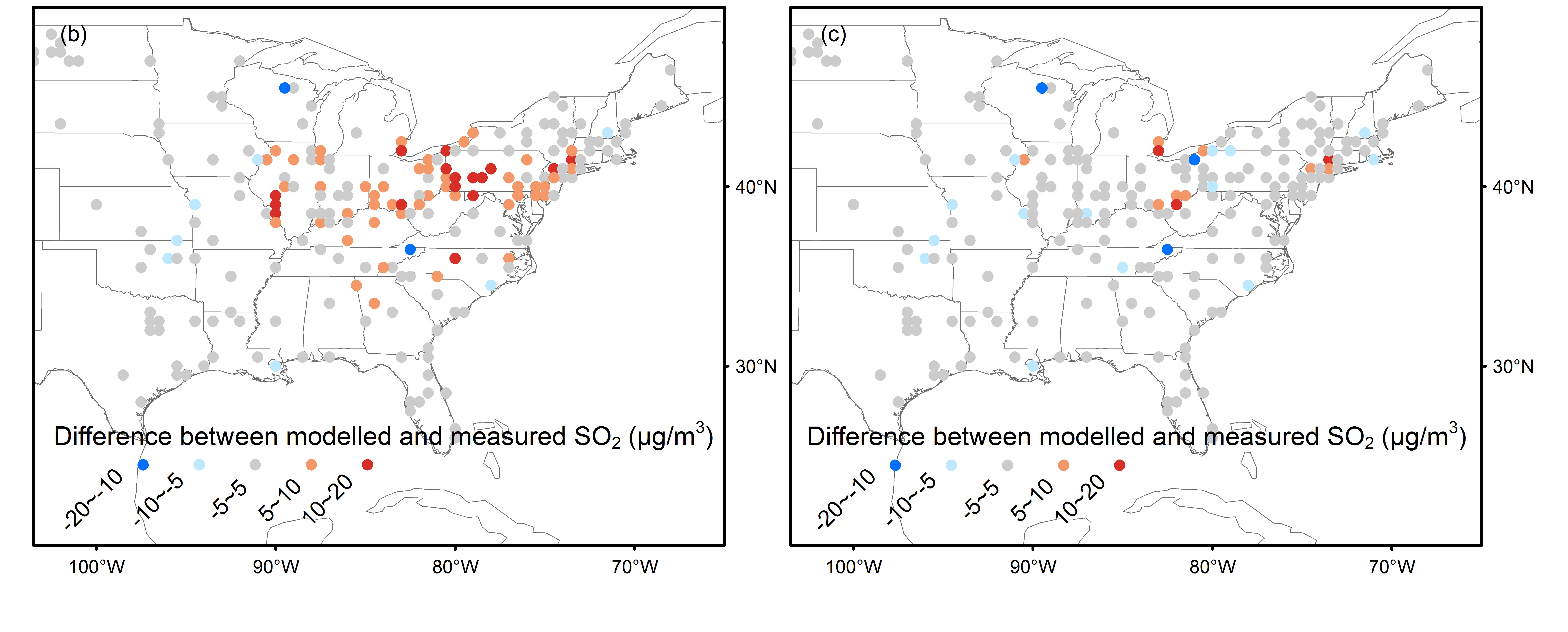 Differences of annual averaged surface SO2 between in-situ & modeled SO2 using HTAP and OMI-HTAP.
