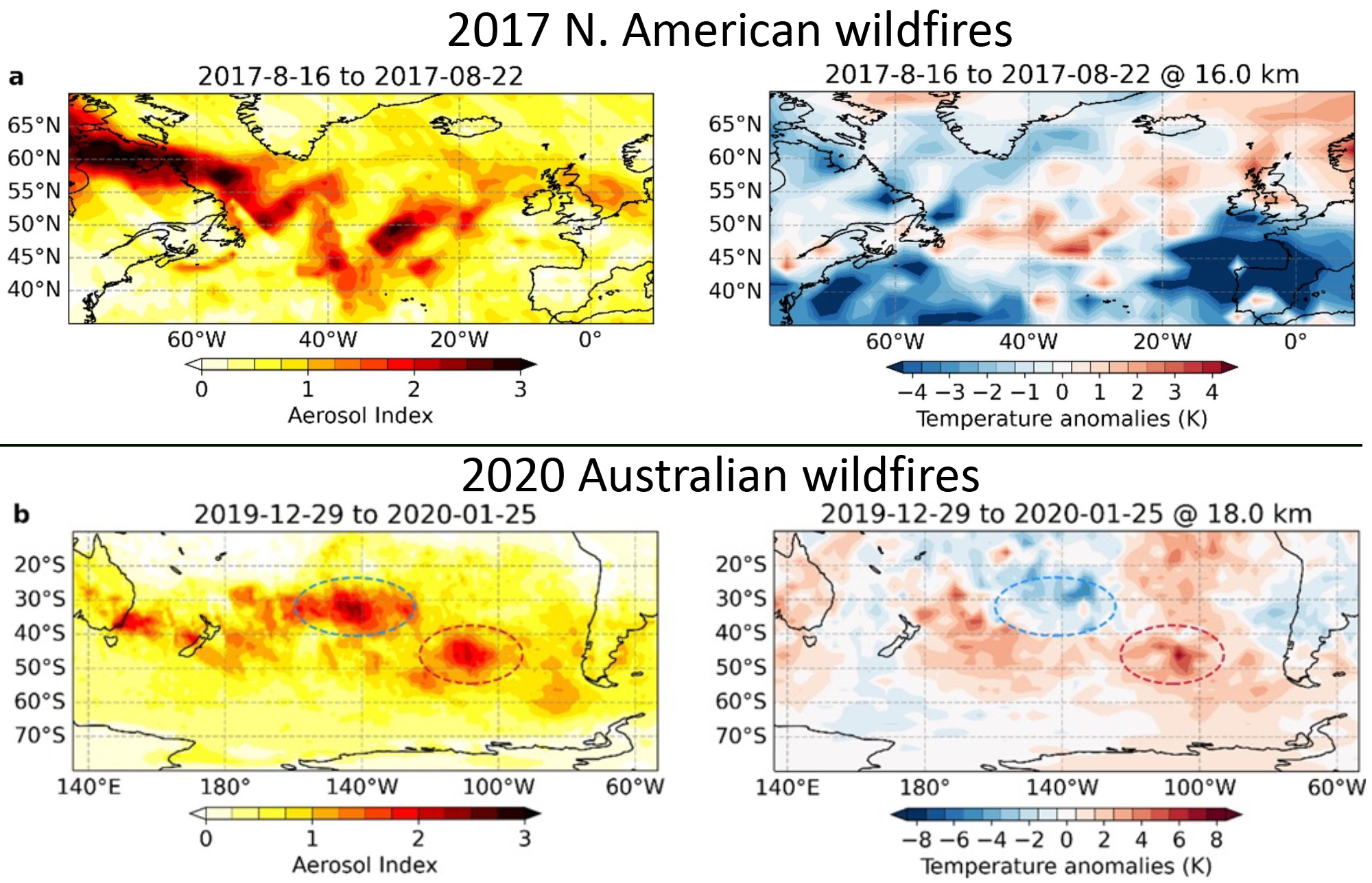Regional temperature anomalies shortly after the wildfire events