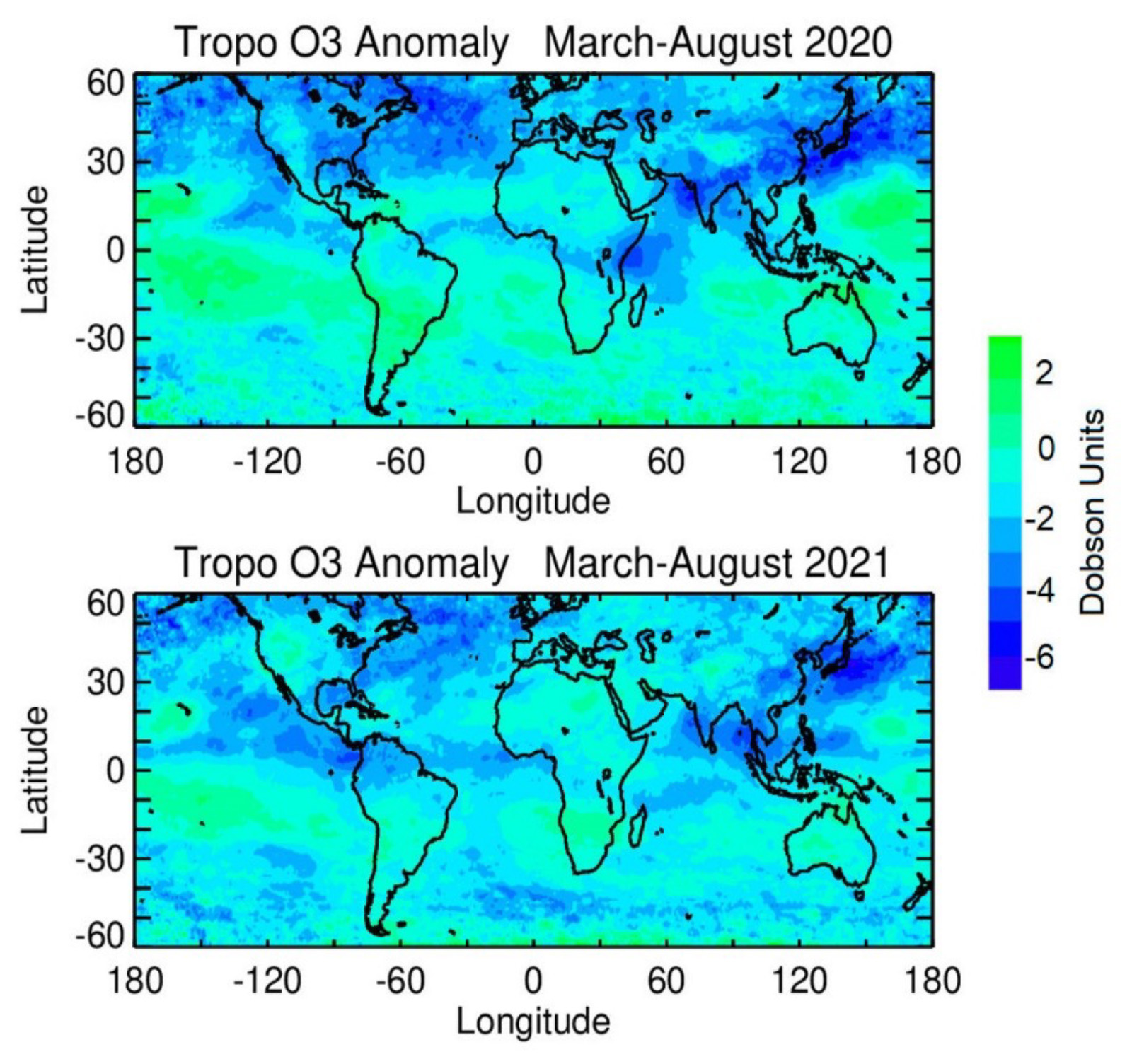 Inter-annual anomalies   in tropospheric column ozone  for March-August 2020 and March-August 2021  