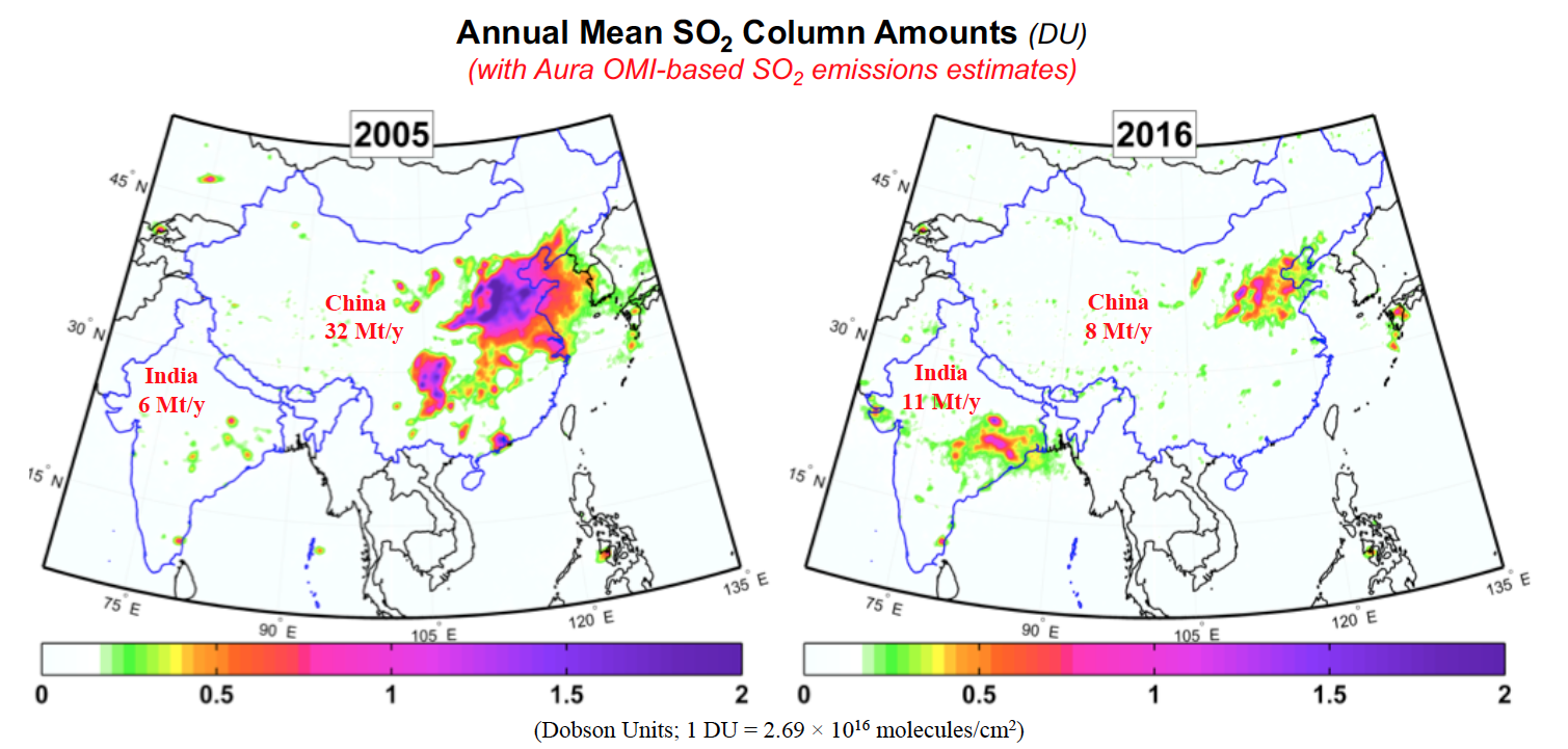 Annual Mean SO2 Column Amounts (DU)  (with Aura OMI-based SO2 emissions estimates) 