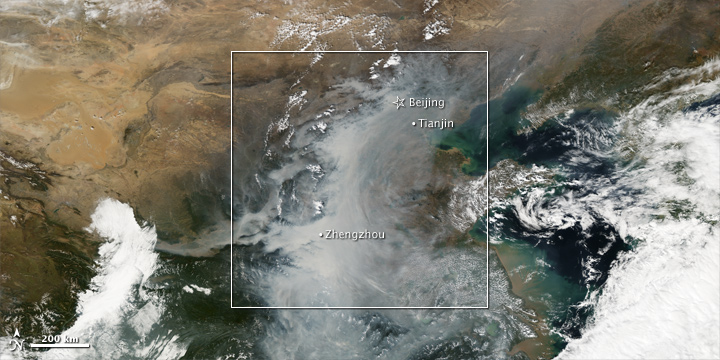 MODIS captured this natural color view of the smog event in China